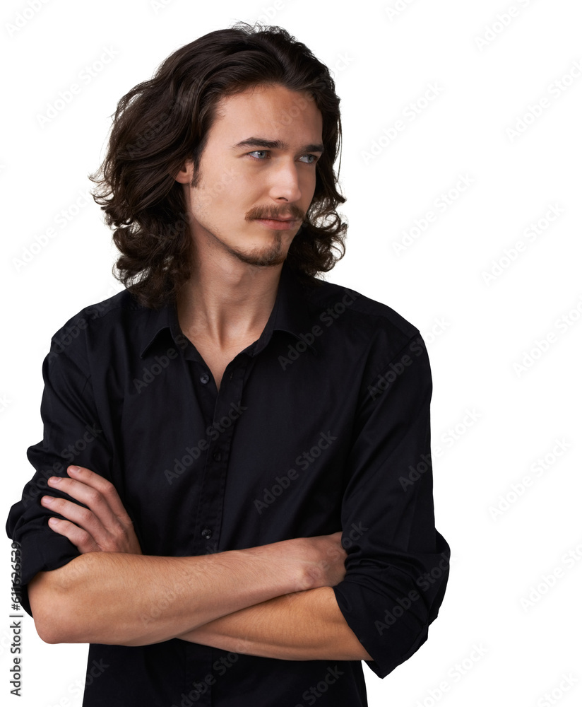 Arms folded, thinking and man with casual fashion on isolated, transparent and png background. Daydreaming, thoughtful and handsome male model person proud with modern, long hair or grunge aesthetic