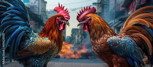 Photo two muscular roosters fight Generative AI