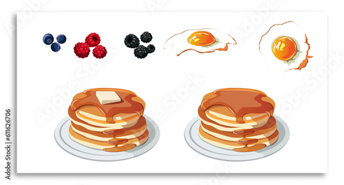 Pancakes with different fillings. Pancakes on a white plate. Baking with syrup or honey. Breakfast. Flat vector illustration on white background. Blackberries, blueberries, raspberries and eggs