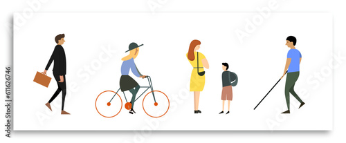 People going along city street. People in casual clothes walking along street. Man, blind boy, woman and her son walking and chatting against the city landacape and park. The girl rides a bicycle.
