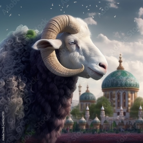 Eid aladha sheep in front of the temple