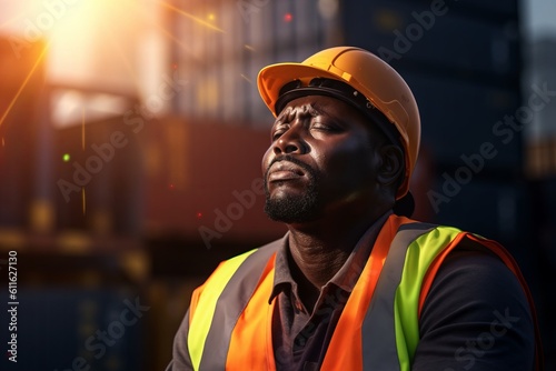 hot weather concept A man wearing a hard hat and a safety vest looks up at the sun Generative AI © Tatiana