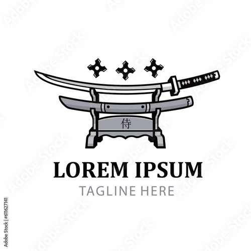 Katana Japanese sword on wood stands in black-white logo illustration. Tachi ancient Japan sword design template isolated on white background.