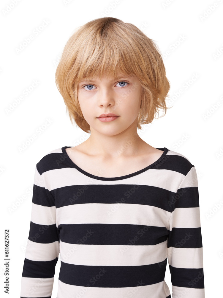 Focus, portrait and girl with serious expression in png with isolated for transparent background. Staring, face and kid with calm or quiet facial with focused child with confidence or innocent.