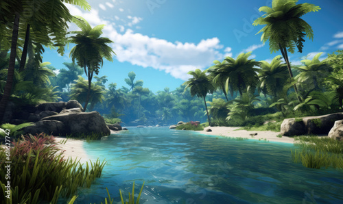 beautiful jungle beach lagoon view palm trees and tropical leaves,