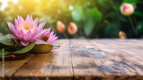 A Moment of Stillness: Savoring the Beauty and Serenity of an Empty Wooden Table Top with a Blurred Beautiful Pink Lotus. Empty Space for Text. Ai Generative