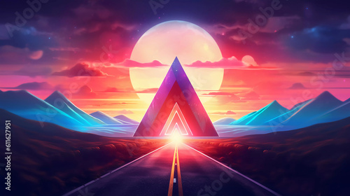Abstract neon background with geometric shape, Beautiful frame and extraterrestrial landscape under the sky, sun and rocks. Futuristic minimalist wallpaper. Created with Generative AI.