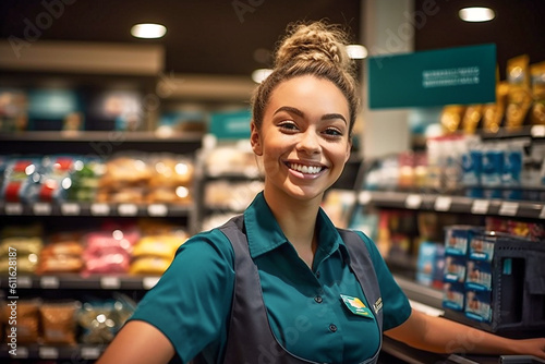 Smiling, young and attractive saleswoman, cashier serving customers. AI generativ. photo