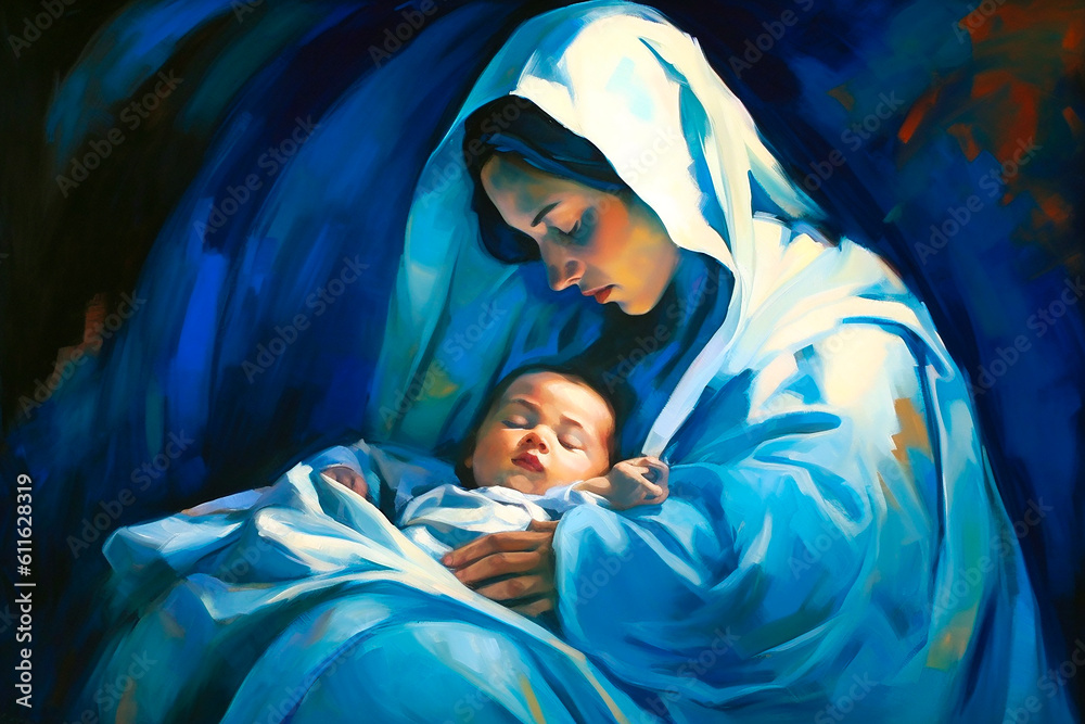 Holy Mary holding baby Jesus Christ in her arms. Graphic representation ...