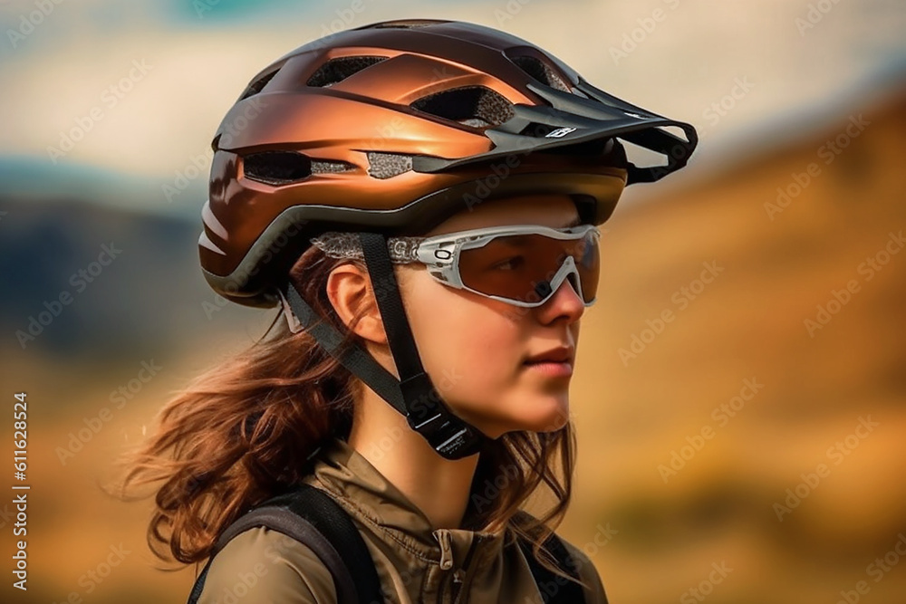 Young woman in helmet and goggles riding down on Mountainbike