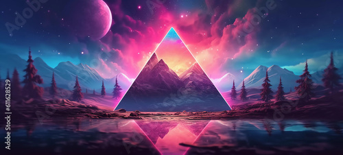 Abstract neon background with geometric shape, Beautiful frame and extraterrestrial landscape under the night sky and Rocks. Futuristic minimalist wallpaper. Created with Generative AI.