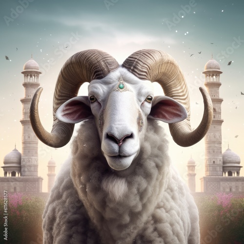 sheep of eid aldha with mosque 