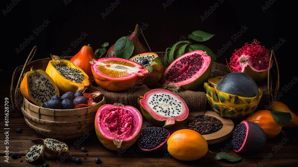 An assortment of exotic fruits such as dragon fruit, passion fruit, and papaya