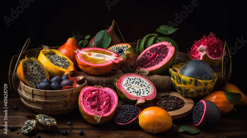 An assortment of exotic fruits such as dragon fruit, passion fruit, and papaya