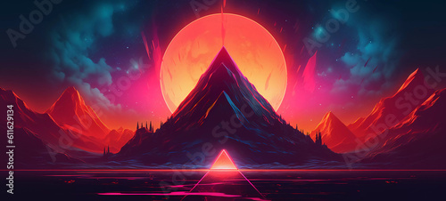 Abstract neon background with geometric shape, Beautiful frame and extraterrestrial landscape under the night sky and Rocks. Futuristic minimalist wallpaper. Created with Generative AI.