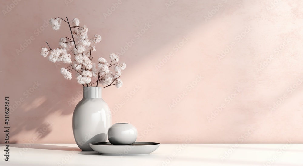 2 ceramic vases with blooming branches in sunlight from window on pastel pink and gray wall for decoration, luxury cosmetic, skincare, beauty product background display, Generative ai 2 ceramic vases with blooming branches in sunlight from window on pastel pink and gray wall for decoration, luxury cosmetic, skincare, beauty product background display, Generative ai