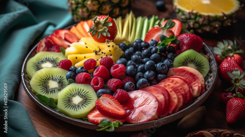 A colorful fruit platter featuring pineapple  watermelon  berries  and kiwi