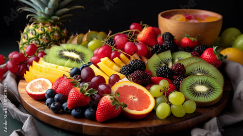 A colorful fruit platter featuring pineapple  watermelon  berries  and kiwi