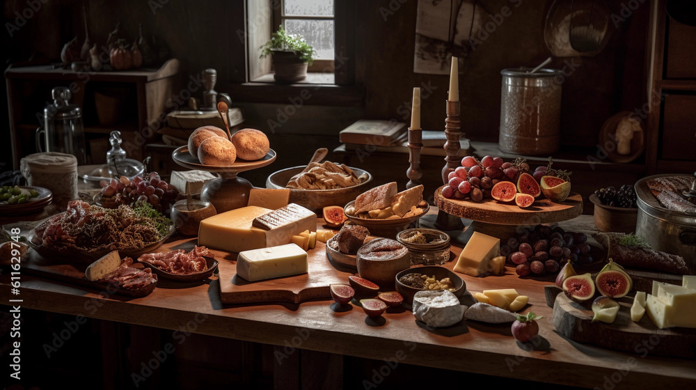 A rustic wooden table adorned with an array of savory cheeses and cured meats