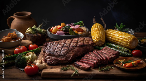 A traditional BBQ setup with grilled steak, corn on the cob, and grilled vegetables