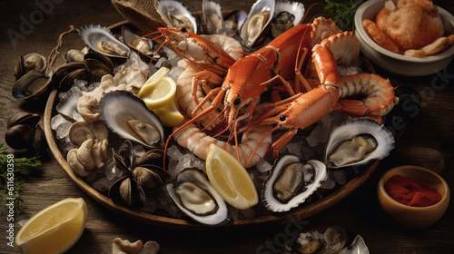A plate of fresh seafood, including shrimp, oysters, and clams
