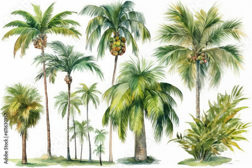 Green palm tree painted in watercolor and set against a white background. old fashioned coconut trees tropical rainforest with flowers  generative AI