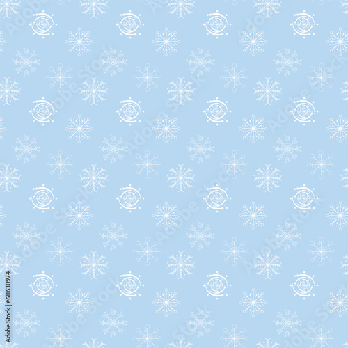 White snowflake seamless pattern icons collection in line style isolated on blue background. New year design elements, frozen symbol, Vector illustration