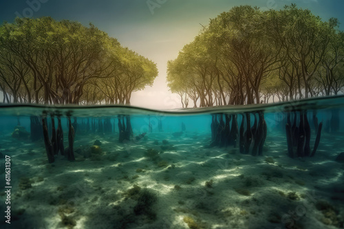 a photo of the underwater roots of a mangrove tree