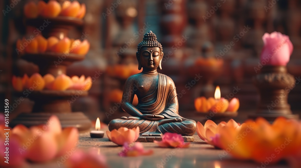 Buddha statue with lotus flowers and candles, Generative AI