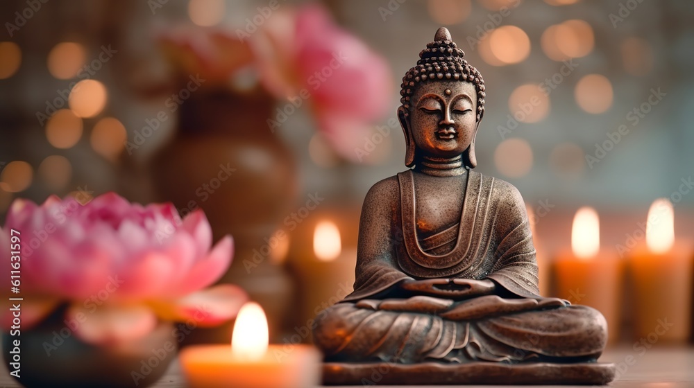 Fototapeta premium Buddha statue with lotus flowers and candles, Generative AI