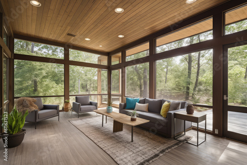 With a contemporary screen porch and patio furniture  and summery woodlands in the distance