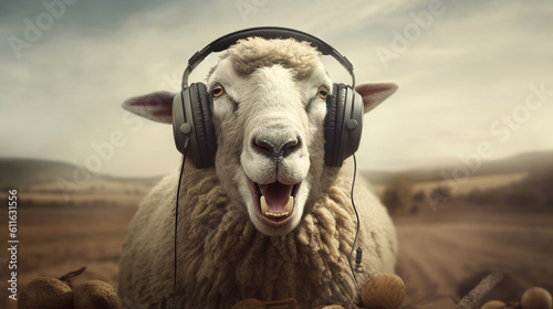 A sheep with headphones who really enjoys music, Generative AI photo