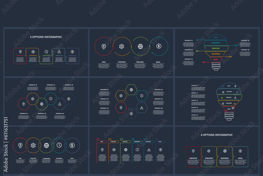 Line concept for infographic with 4, 5, 6 steps, options, parts or processes. Template for web on a black background.
