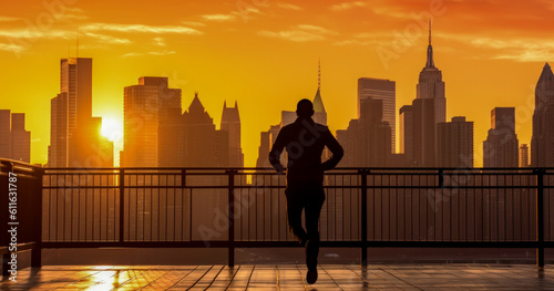 An athlete runs through the streets as wildfire smoke bathed New York City in fumes - Generative AI © jovannig