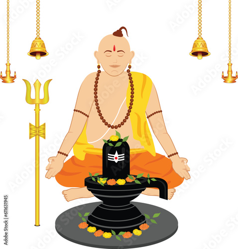 Creative and professional design of the Indian priest panditji meditating and chanting Om namah shivaya in front of the Shiva linga.