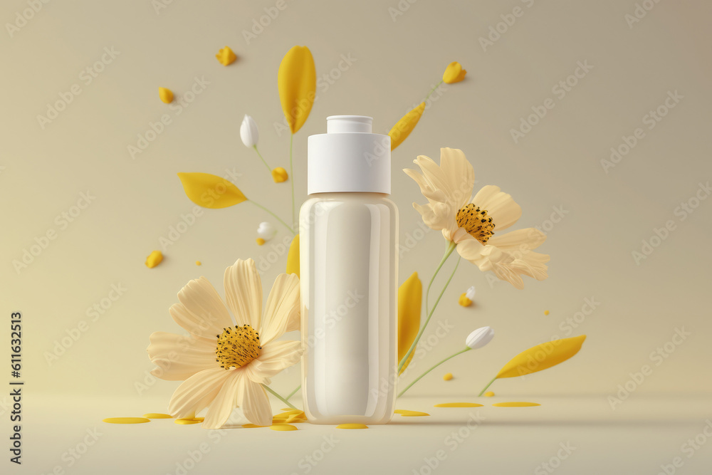 Cosmetic bottle mock up with fflowers Generative AI Cosmetic bottle mock up with fflowers Generative AI