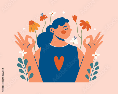 Mental health support, self care concept. Clip art with cute woman shows ok gesture with hands. Cartoon comic girl with flowers and plants. Funny illustration for poster, banner, sticker, card. 