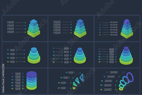 Set 3d concept for infographic with 4, 5, 6 steps, options, parts or processes. Template for web on a black background.