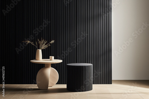 Grey wall panels and a black side table in minimalistic interior design composition. Generative AI