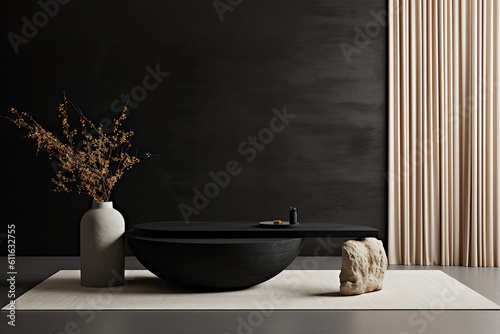 Grey wall panels and a black side table in minimalistic interior design composition. Generative AI photo