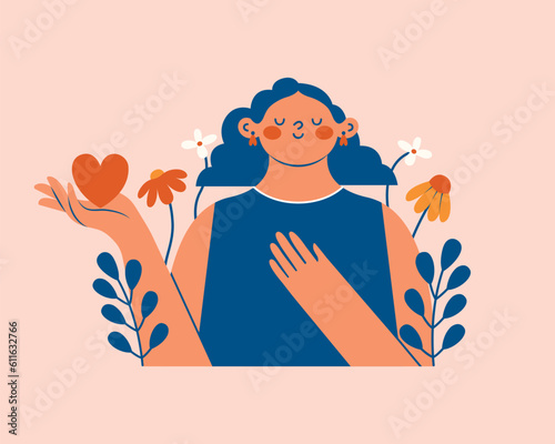 Clip art with young woman holding heart in hand and presses her hand to her chest. Cartoon comic girl with flowers, plants. Funny illustration for sticker, poster. Mental health support concept.