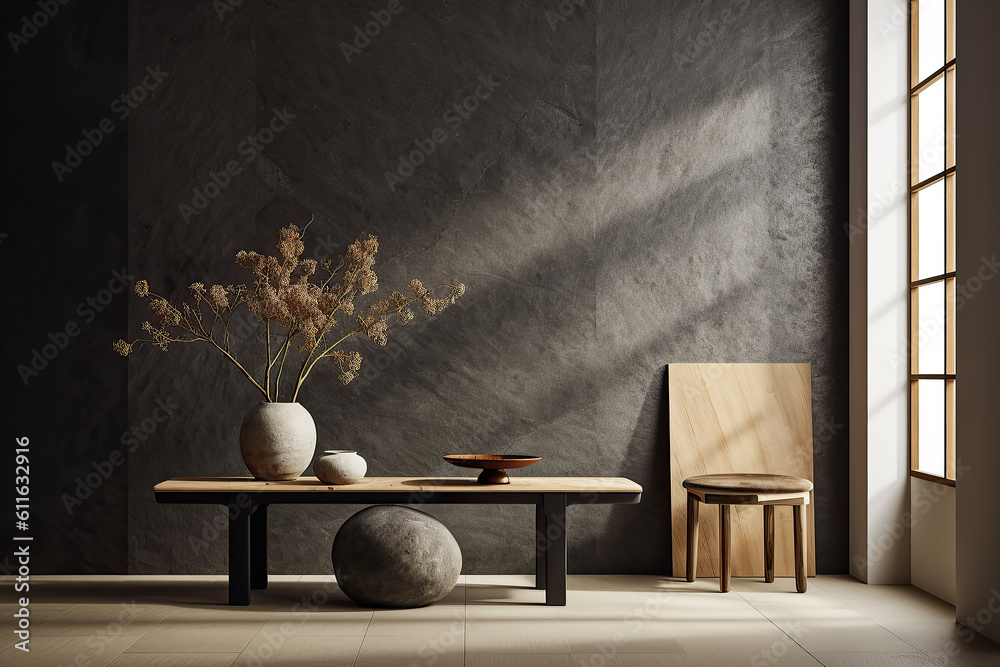 Grey wall panels and a black side table in minimalistic interior design composition. 