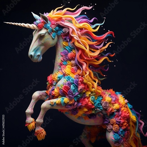 A Colorful Unicorn Rearing on Its Hind Legs Generative AI