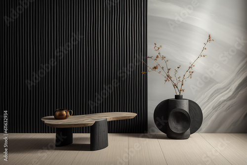 Grey wall panels and a black side table in minimalistic interior design composition. Generative AI photo