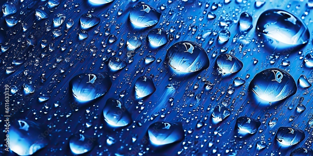 AI Generated. AI Generative. Photo realistic illustration of blue water drops on metal surface. Can be used for decoration or template. Graphic Art