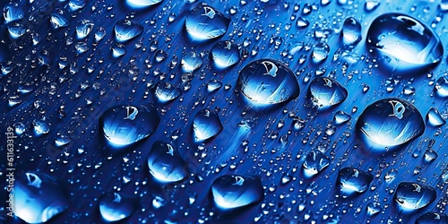 AI Generated. AI Generative. Photo realistic illustration of blue water drops on metal surface. Can be used for decoration or template. Graphic Art