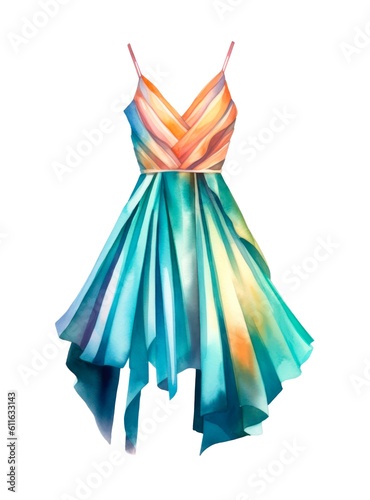 Colored female dress isolated on white background in watercolor style. Generative AI.