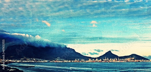 Landscape with the beach in Milnerton and Table Mountain at sunrise mixed media photo