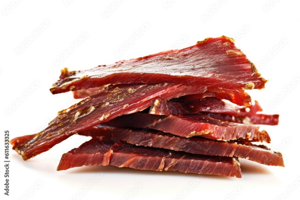 Beef jerky on a white background. Generative AI Beef jerky on a white background. Generative AI