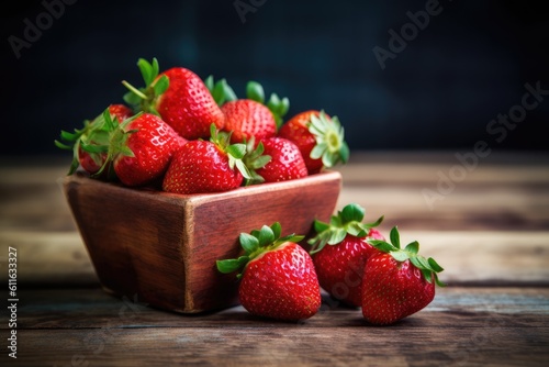 Fresh juicy strawberries on an old wooden table. Generative AI